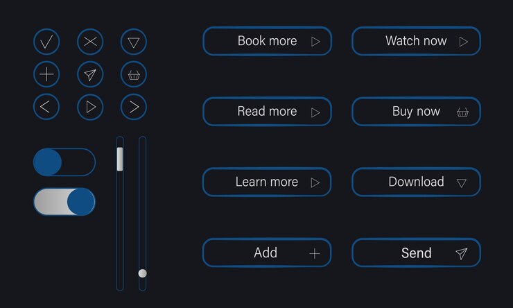 Moderne knoppen instellen UIUX-ontwerp. Koop, bekijk, leer, download, verstuur, voeg toe en lees meer in blauwe kleur.