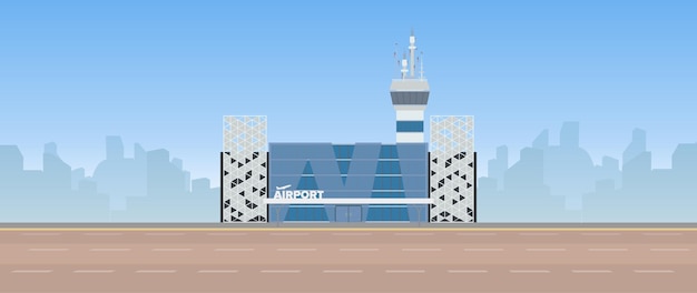 Moderne luchthaven. landingsbaan. luchthaven in een vlakke stijl. afgetekend door de stad. illustratie