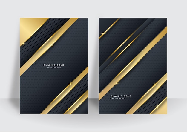 Moderne luxe premium zwarte gouden achtergrond voor omslagontwerpsjabloon. Zwart goud elegante achtergrond overlap dimensie abstracte geometrische modern. Pak voor zakelijk en zakelijk: