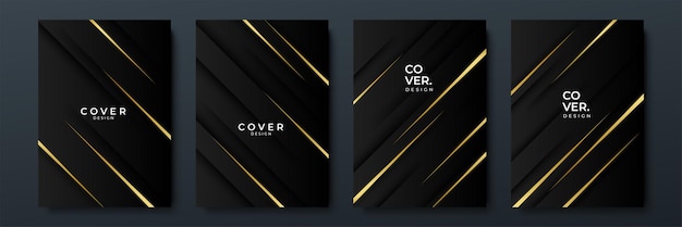 Moderne luxe zwarte en gouden lijnen dekken abstracte achtergrond moderne zwarte streep cover ontwerpset luxe creatieve gouden dynamische diagonale golflijnpatroon voor uitnodiging bruiloft visitekaartje