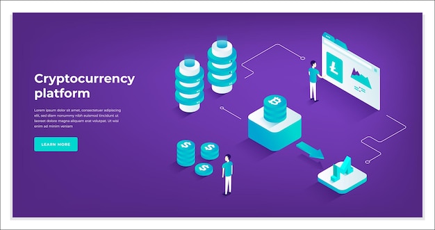 Moderne man gegevens analyseren internet browsen monitoring cryptocurrency platform technologie bestemmingspagina isometrische vectorillustratie Bitcoin mijnbouw boerderij valuta munt virtueel geld produceren