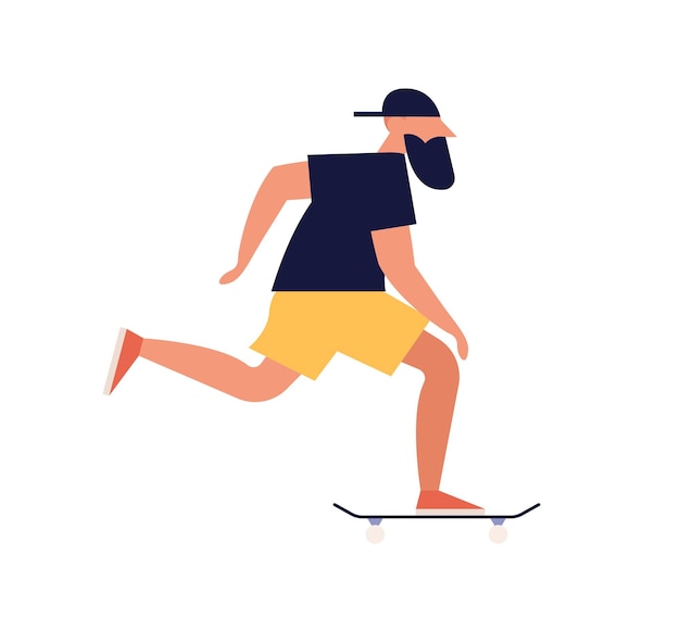 Moderne man rijden skate board. jonge, bebaarde man in baseballpet op stedelijk persoonlijk voertuig. extreem skateboarden, zomerse straatsport. platte vector cartoon illustratie geïsoleerd op een witte achtergrond.