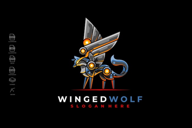 Moderne mecha robotic winged wolf logo ontwerpsjabloon