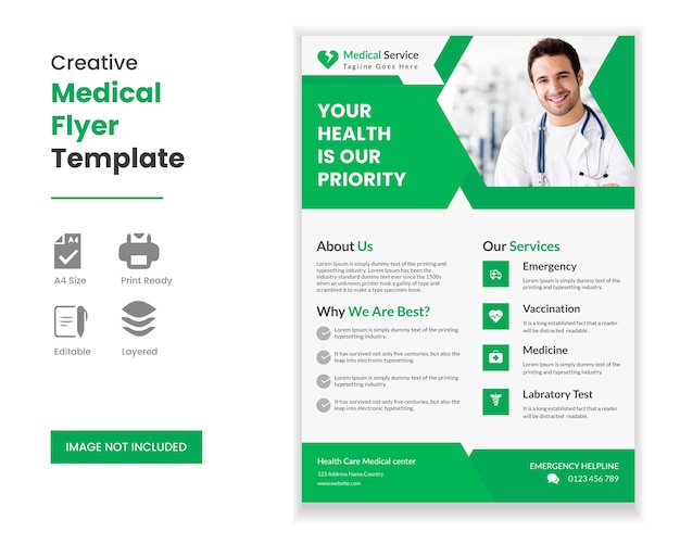 Moderne medische gezondheidszorg flyer ontwerpsjabloon Premium Vector