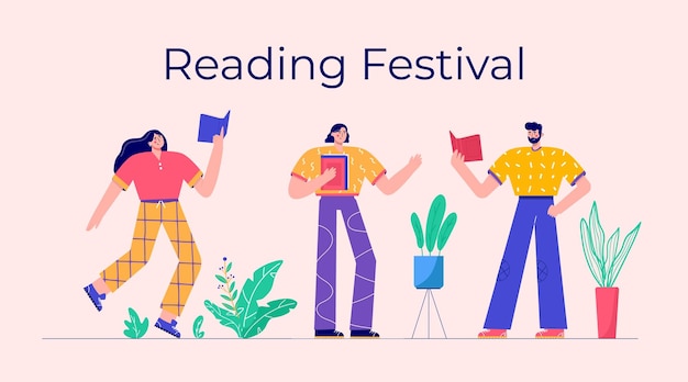 Vector moderne mensen die boekenfestival lezen set karakters die genieten van hun hobby's, vrije tijd vectorillustratie in platte cartoonstijl