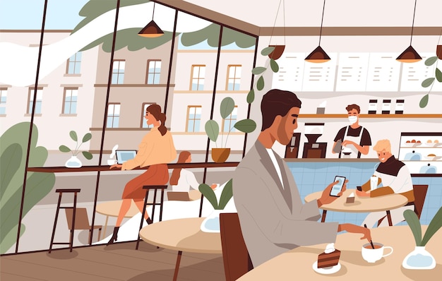 Vector moderne mensen werken of chatten aan tafels in café vector platte illustratie. man en vrouw die koffie of thee drinken, gebruiken smartphone en laptop. sociale afstand of vrije tijd in de cafetaria.