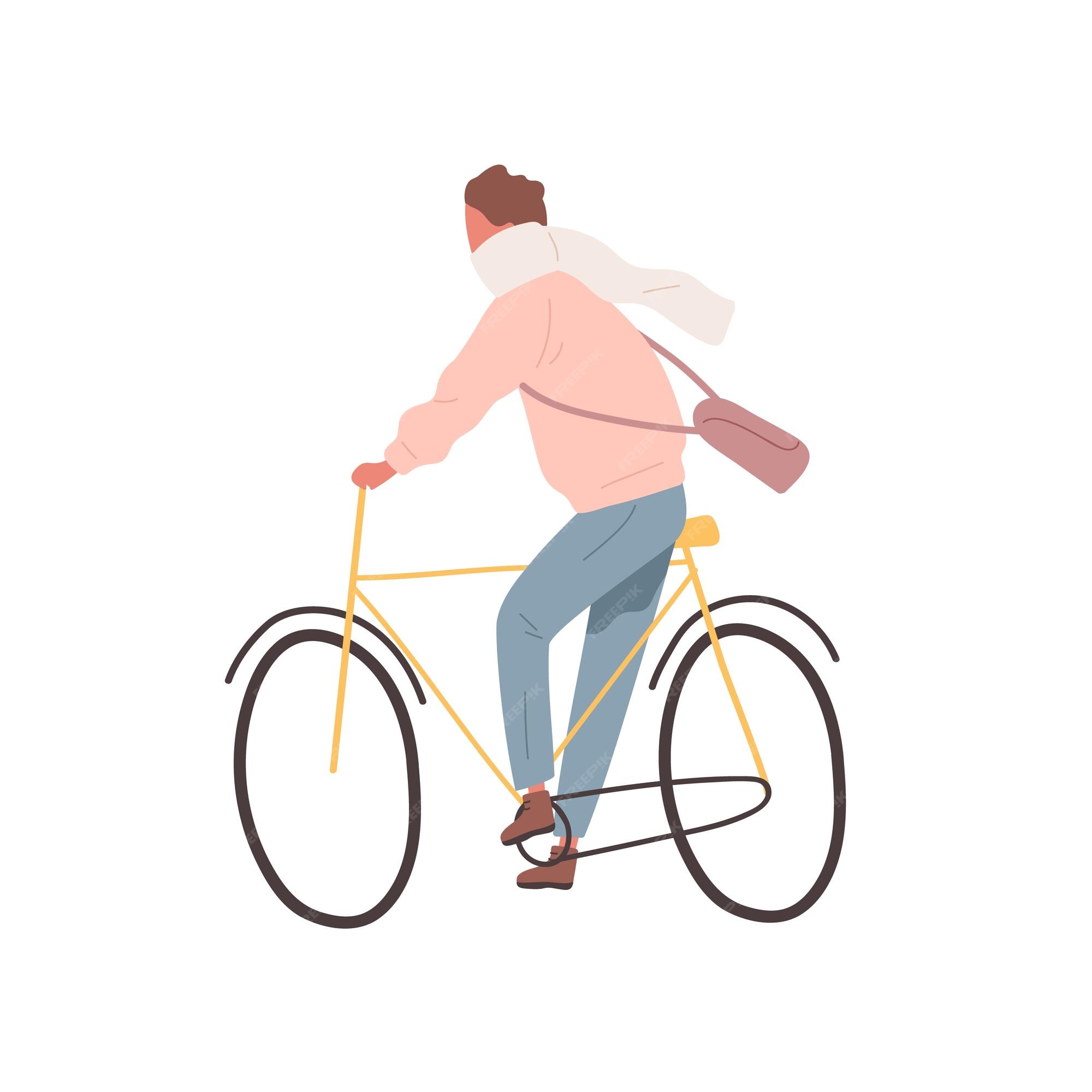 Moderne millennial cycler man met sjaal rit stadsfiets. actief mannelijk personage op de fiets. platte vector cartoon illustratie geïsoleerd op een witte | Premium Vector