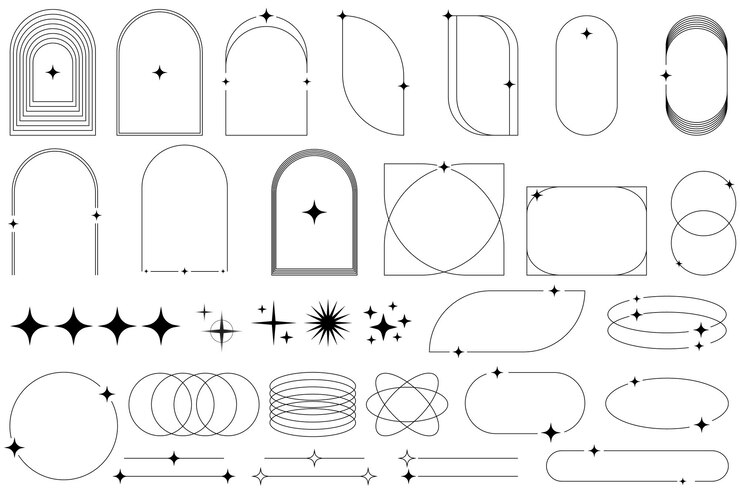 Vector moderne minimalistische esthetische lineaire frames retro sterren starburst pictogrammen en minimalistische frames en randen met twinkle star vector trendy iconen en symbool eps 10