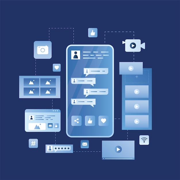Moderne mobiele telefoon met app-knoppen op de display Social media inhoud profiel en video foto messengers
