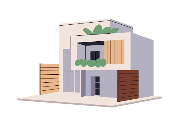 Moderne modulaire huisarchitectuur Hedendaagse villa buiten Trendy bouw buitenzicht Woongebouw huis onroerend goed Vlakke vectorillustratie geïsoleerd op witte achtergrond