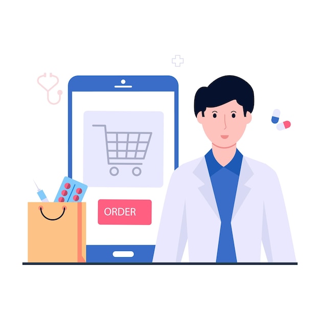 Moderne ontwerpillustratie van mobiel winkelen voor medicijnen