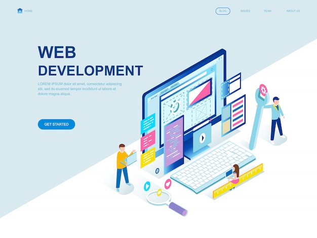 Moderne platte ontwerp isometrische bestemmingspagina van web development