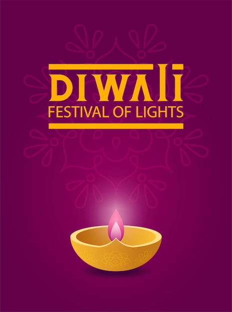 Moderne poster voor diwali festival van lichten met diya olielamp op de achtergrond paarse rangoli