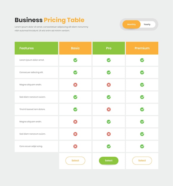 Moderne prijstabelsjabloon met checklist voor website-interfaceontwerp