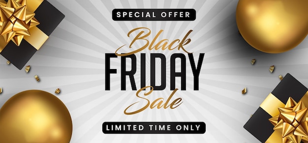 Moderne realistische black friday-verkoopbanner met geschenken en ballonnen