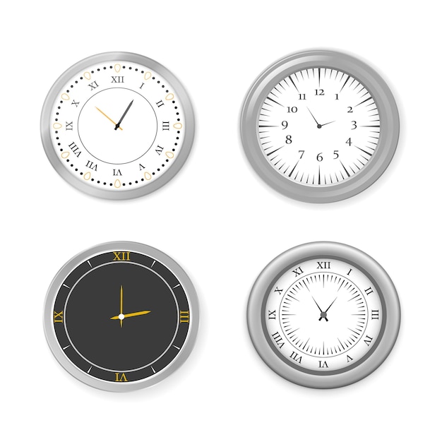 Vector moderne realistische ronde wandklokken wijzerplaat tijd horloge wit zwart kantoor klok icon set vector