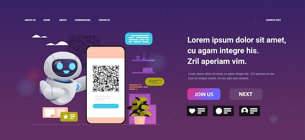 moderne robot QR-code scannen op smartphone scherm leesbare barcode verificatie kunstmatige intelligentie technologie concept horizontale kopie ruimte vectorillustratie