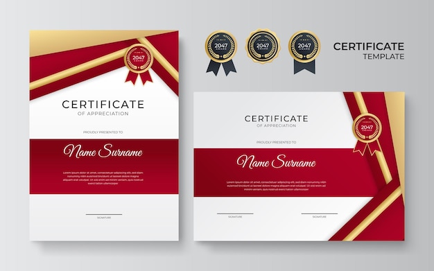 Moderne rode certificaatsjabloon en rand voor toekenningsdiploma en afdrukken Rode en gouden elegante certificaat van prestatiesjabloon met gouden badge en rand