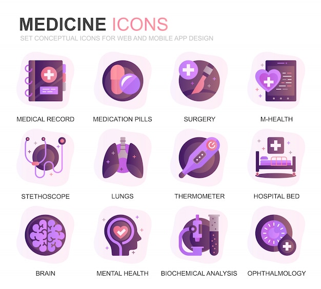 Moderne Set Gezondheidszorg en Geneeskunde Verloop Platte Pictogrammen