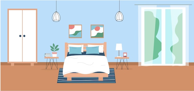 Moderne slaapkamer met meubilair Bed kledingkast tafel balkon Vectorillustratie in vlakke stijl