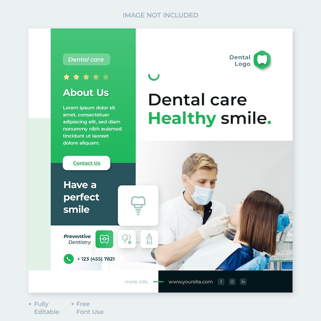 moderne sociale-mediasjabloon en post voor tandarts en kliniek met tandheelkundige webpictogrammen en elementen