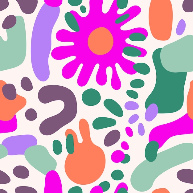 Moderne speelse levendige groovy vrije vorm vormen en doodle objecten naadloos vector patroon