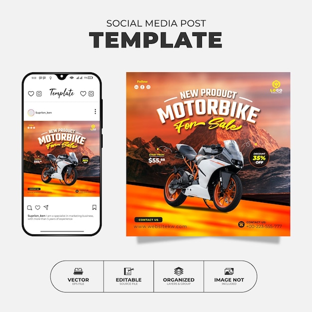 Moderne sportmotor te koop social media instagram-post- en bannersjabloon