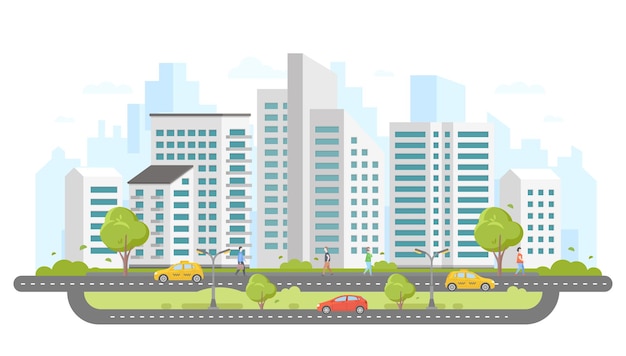 Moderne stad - kleurrijke platte ontwerp stijl vectorillustratie op witte achtergrond. Groot wooncomplex met wolkenkrabbers, bomen, auto's en taxi's op de weg, mensen lopen. Leuke plek om te wonen