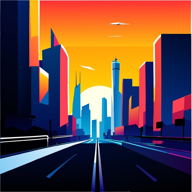 Vector moderne stads snelweg in het licht van de zonsopgang vector illustratie