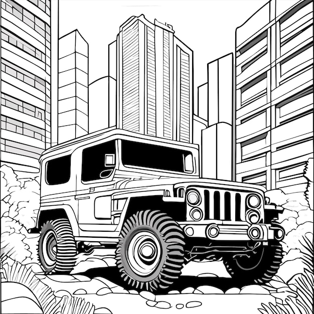 Moderne stedelijke avontuur suv voertuig hand getekende cartoon sticker pictogram concept geïsoleerde illustratie
