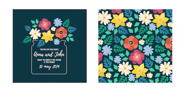 Moderne stijl bruiloft uitnodigingskaart met platte bloem bloesem en naadloze patroon