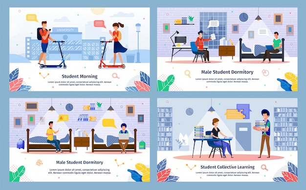 Moderne student leven situaties vector illustraties set