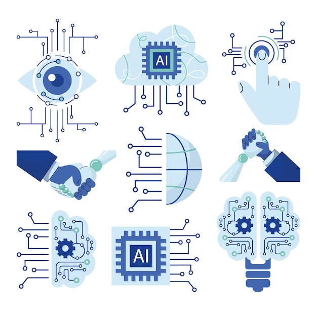 Moderne technologische iconen stellen computervisie kunstmatige intelligentie machine learning