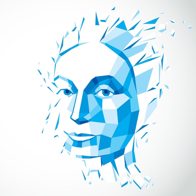 Vector moderne technologische illustratie van persoonlijkheid, 3d blauw vectorportret. intelligentiemetafoor, laag polygezicht met splinters die uit elkaar vallen, hoofd exploderend met ideeën, gedachten en verbeelding.