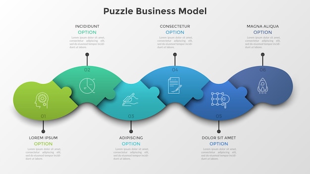 Moderne tijdlijn gemaakt van 6 kleurrijke verbonden puzzelstukjes. concept strategisch plan met zes stadia. realistische infographic ontwerpsjabloon. vectorillustratie voor zakelijke voortgangsanalyse.