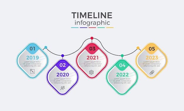 Moderne tijdlijn vijf stappen infographics ontwerp, tijdlijn infographic labelontwerpsjabloon met pictogram