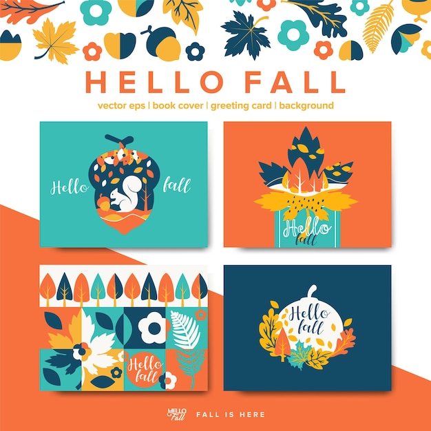 Moderne trendy hallo herfst wenskaart. hallo herfst geometrische vector set collectie.