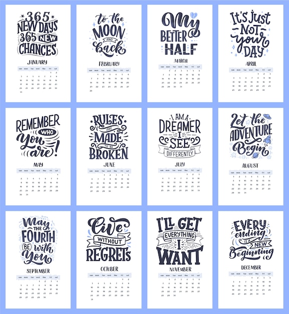 Moderne typografie belettering composities voor 2021 jaarkalender met grappige motivatiecitaten.