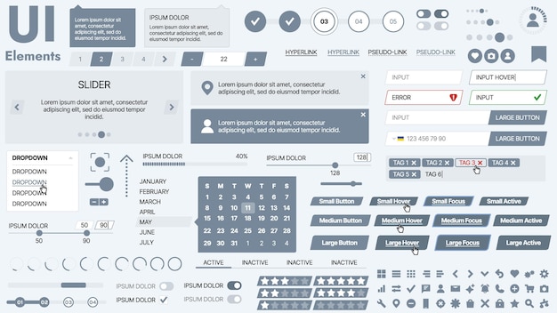 Moderne UI-kit met een verzameling essentiële knoppen, iconen en navigatie-elementen voor websites en mobiele apps Ideaal voor responsief ontwerp en dashboards