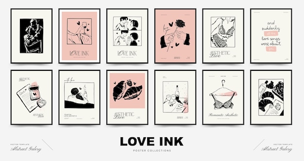 Moderne Valentijnsdag verticale flyer of poster sjabloon set Liefde hand getekend trendy illustratie