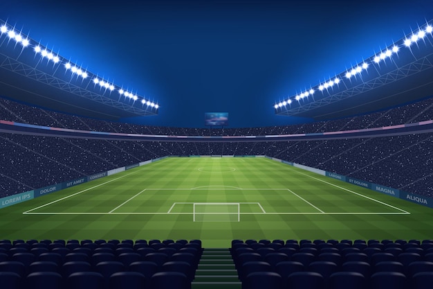 Vector moderne voetbalstadion verlicht's nachts door schijnwerpers