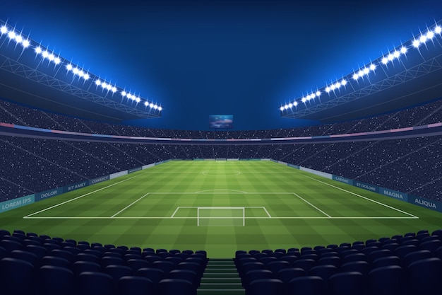 Vector moderne voetbalstadion verlicht's nachts door schijnwerpers