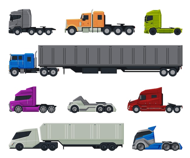 Moderne vrachtwagens collectie zijbeeld van zware levervoertuigen platte vector illustratie op