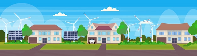 Moderne vriendelijke huizen met windturbine en zonnepaneel eco onroerend goed huisjes alternatieve energieconcept landschap achtergrond horizontale banner