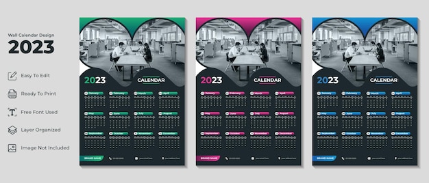 Moderne wandkalender ontwerpsjabloon 2023 met zwarte achtergrond
