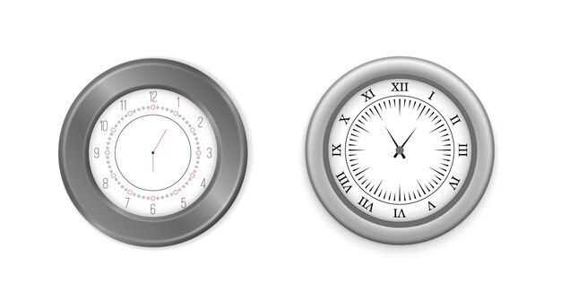 Moderne witte, zwarte ronde wandklokken, zwarte wijzerplaat en tijd horloge mockup. witte en zwarte muur office klok pictogramserie. mock-up voor branding en reclame.