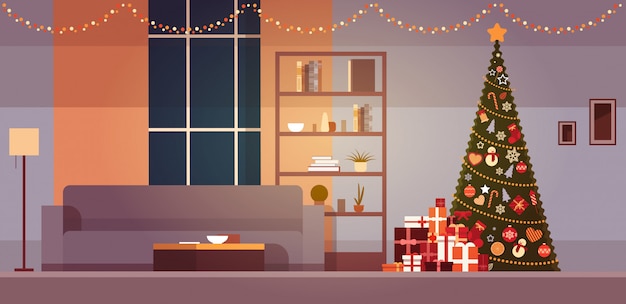 Moderne woonkamer met Winter Holidays Decorations Christmas Tree en slingers Home Interior