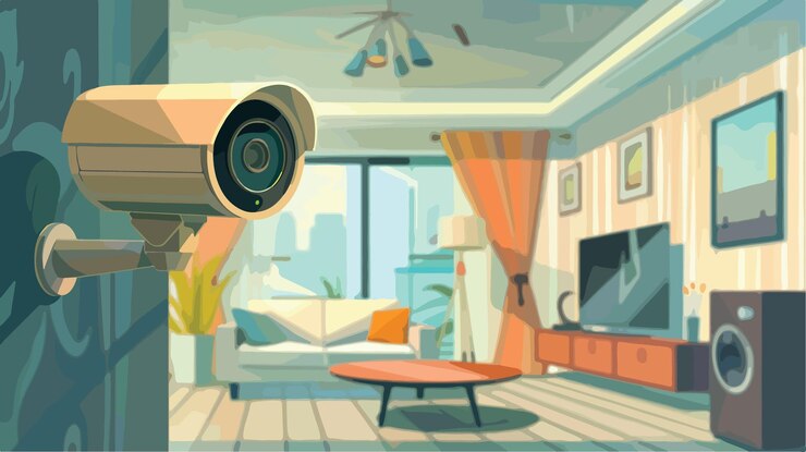 Vector moderne woonkamerinterieur vastgelegd door cctv-camera