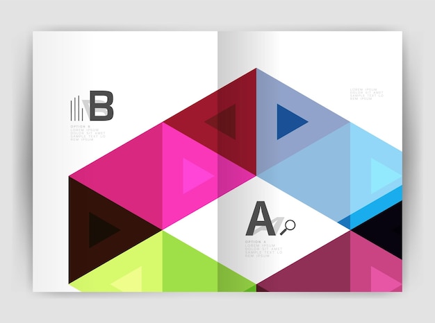 Moderne zakelijke brochure of pamflet A4 omslag sjabloon Abstract achtergrond met kleur driehoeken jaarverslag afdruk achtergrond Vectorontwerp voor workflow lay-out diagram nummeropties of webontwerp