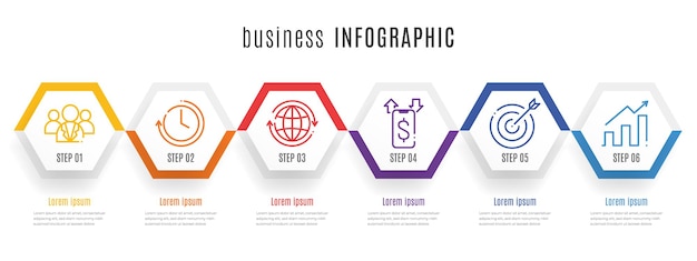 Moderne zeshoek tijdlijn infographic sjabloon 6 stappen